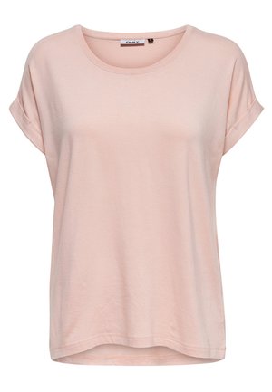 T-shirt léger rose à manches courtes en tissu doux, avec un col rond et des poignets retroussés, au design décontracté.
