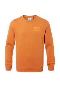 Orange sweatshirt with long sleeves, round neckline, and a small printed text reading "ENDLESS SUMMER" in a lighter shade on the front.