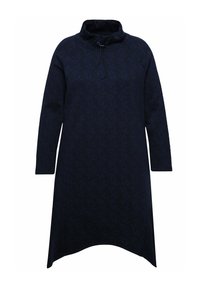 Abito in maglia blu navy con colletto alto e cordoncino, caratterizzato da un delicato motivo floreale e maniche lunghe, svasato all'orlo.