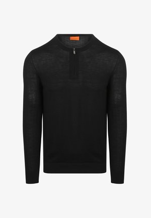 Black sweater with long sleeves, made of a fine-knit material. Features a round neckline with a short zipper at the front.