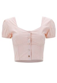 Kurzärmeliger, cropped Top in Hellrosa mit weißen Streifen, mit quadratischem Ausschnitt und fünf Knopfverschlüssen vorne.