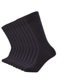 Black crew socks set, featuring a smooth texture, elasticated cuffs, and a classic design. Nine pairs displayed in a row.