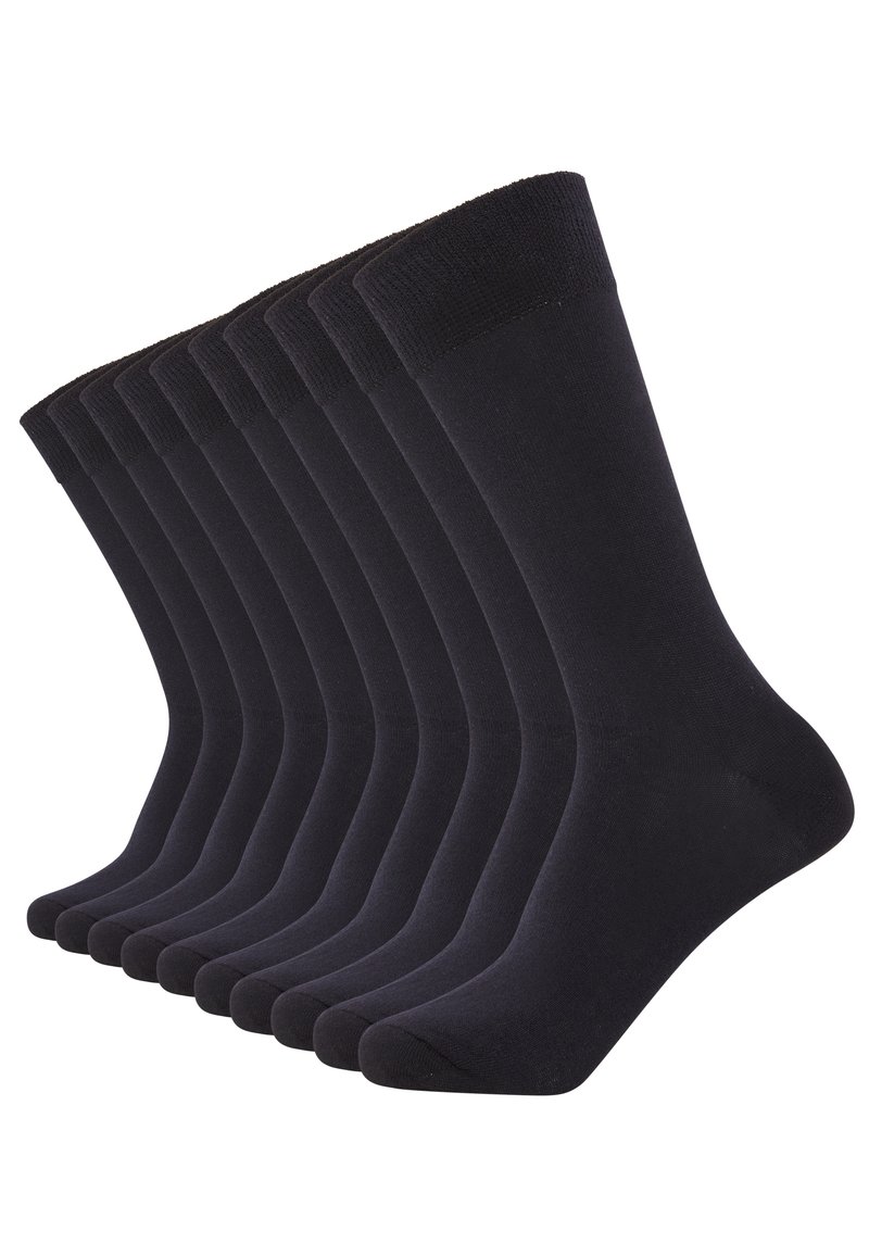 Black crew socks set, featuring a smooth texture, elasticated cuffs, and a classic design. Nine pairs displayed in a row.