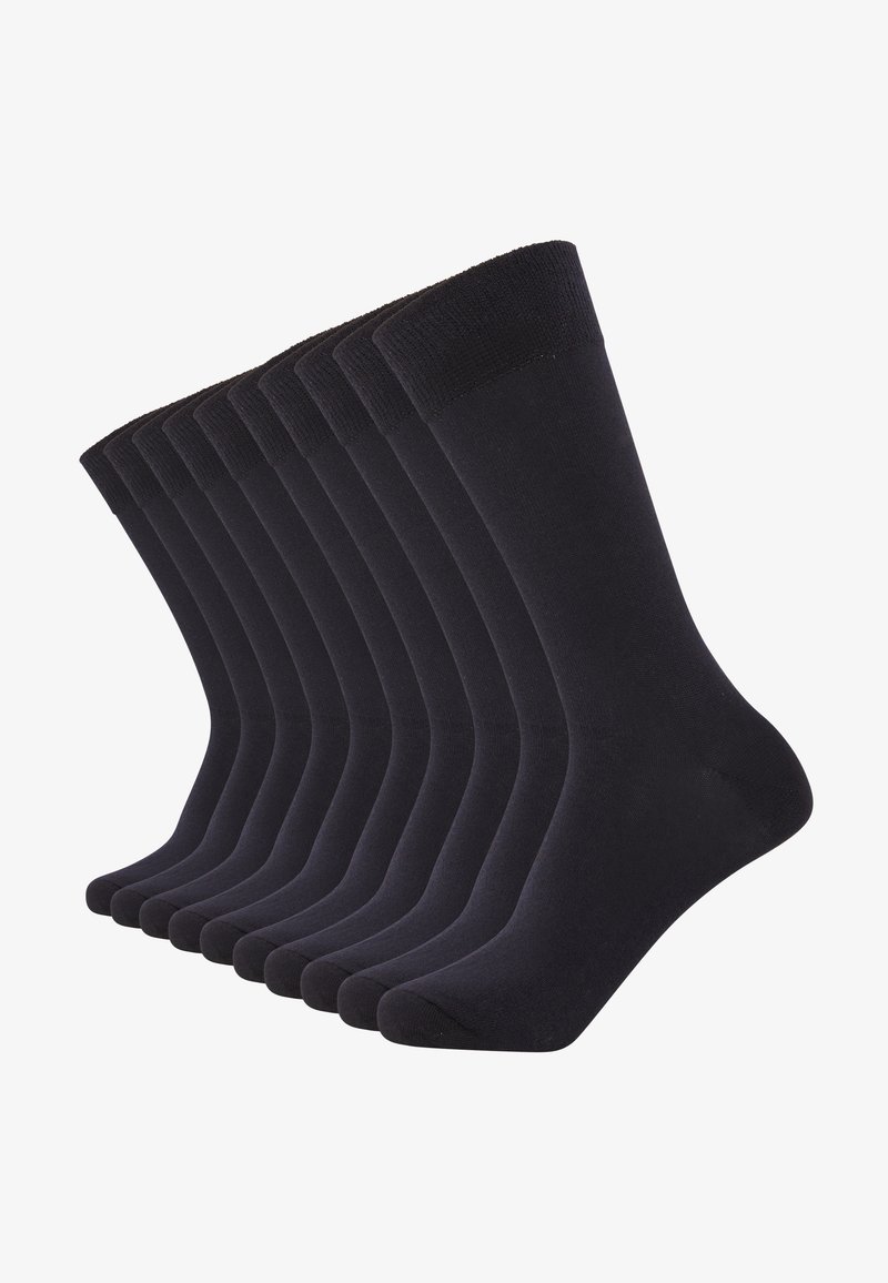 Black crew socks set, featuring a smooth texture, elasticated cuffs, and a classic design. Nine pairs displayed in a row.