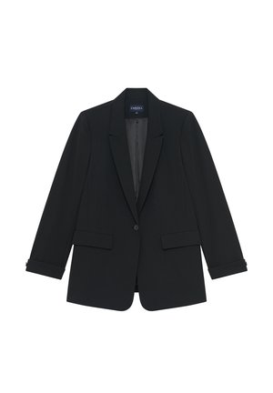 Blazer nero realizzato in tessuto morbido, con revers a punta, chiusura con un solo bottone, tasche laterali e polsini leggermente arrotolati.