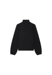 Schwarzer Rollkragenpullover mit langen, puffigen Ärmeln, geripptem Muster, tailliertem Schnitt und Knopfakzenten an der Schulter. Hergestellt aus weichem Material.