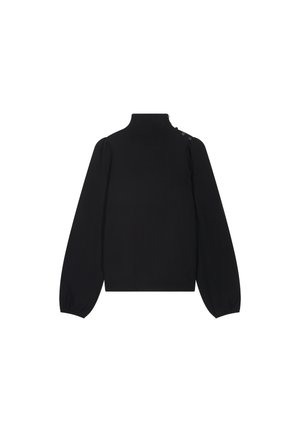 Schwarzer Rollkragenpullover mit langen, puffigen Ärmeln, geripptem Muster, tailliertem Schnitt und Knopfakzenten an der Schulter. Hergestellt aus weichem Material.