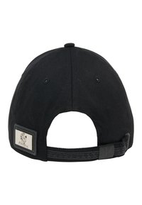 Black baseball cap with a textured fabric, featuring a silver hardware logo patch and a patterned adjustable strap on the back.