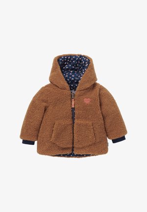 Cappotto in pile marrone con cappuccio, dotato di una fodera blu a fantasia, due tasche frontali e un'accattivante decorazione a forma di cuore sul petto.