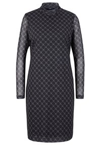 Robe noire cintrée à manches longues transparentes avec un motif intégral de cercles entrelacés en chaîne, col montant.