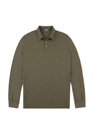 Long-sleeve polo shirt in olive green, made of textured fabric with a collar and three-button placket. Features side slits at the hem.