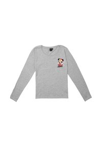 Maglietta grigia a maniche lunghe realizzata in tessuto morbido, con una grafica colorata di un personaggio dei cartoni animati con un fiocco e un vestito sul petto.