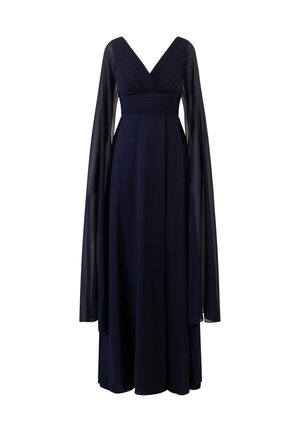 Navy blauwe avondjurk met een V-hals, geplooide lijfje en lange doorschijnende mouwen, vallend tot aan de enkels. Glad textuur en elegante silhouet.