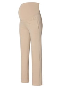 Beiga gravidbyxor i mjukt tyg, med ett stretchigt midjeband över magen, sidofickor och rak bendesign.