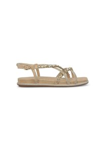Beige platte sandalen met decoratieve banden en gouden versieringen, een gevoerde inlegzool en een stevige enkelgesp.