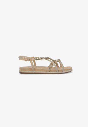 Beige flat sandals with decorative straps featuring gold embellishments, a cushioned insole, and a secure ankle buckle.