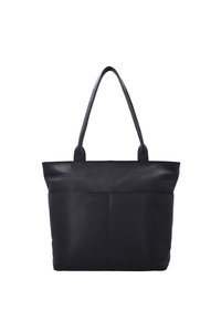 Schwarze Leder-Shopper-Tasche mit zwei Schulterriemen und einer Vordertasche, vor weißem Hintergrund gezeigt.