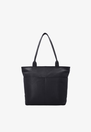 Sac fourre-tout en cuir noir avec deux bretelles d'épaule et une poche avant, présenté sur un fond blanc.