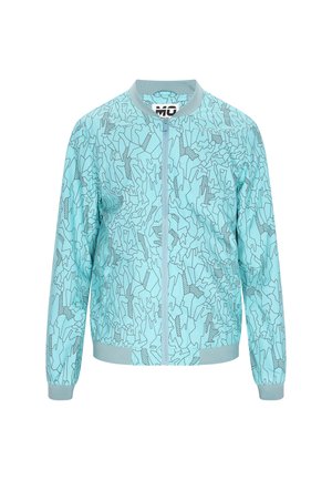 Hellblauer Bomberjacke mit einem Zickzack- und abstrakten Linienmuster, ausgestattet mit einem Reißverschluss vorne, gerippten Bündchen und einem runden Ausschnitt.