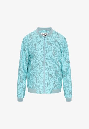 Hellblauer Bomberjacke mit einem Zickzack- und abstrakten Linienmuster, ausgestattet mit einem Reißverschluss vorne, gerippten Bündchen und einem runden Ausschnitt.