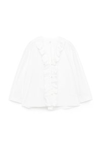 White blouse with long sleeves, ruffled collar, and button-down front. Made from lightweight fabric. Loose-fitting design with a casual aesthetic.