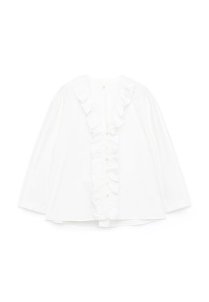 Weißes Blusenshirt mit langen Ärmeln, rüschigem Kragen und Knopfverschluss. Hergestellt aus leichtem Stoff. Lockere Passform mit einem lässigen Look.