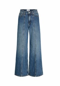 Svijetloplave jeans hlače širokih nogavica s visokim strukom, s kopčanjem na gumb, dva prednja džepa i kontrastnim šavovima.