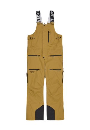 Yellow insulated bib overall with black accents, adjustable straps, multiple zip pockets, and reinforced cuffs. Waterproof fabric with durability features.