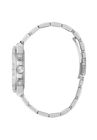 Silver metal watch with a rectangular face, three side buttons, and a stainless steel link bracelet. Smooth texture and polished finish.