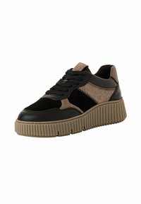 Sneakers with a chunky beige rubber sole, black leather and suede upper, and metallic bronze accents. Features black laces and a padded collar.