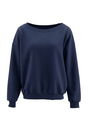 Marineblauer Sweatshirt mit langen Ärmeln, weitem rundem Ausschnitt und gerippten Bündchen und Saum.