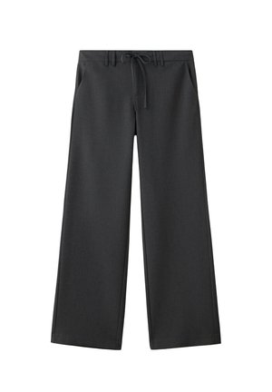 Schwarze gerade geschnittene Hose mit Gürtelschlaufen, Seitentaschen und einer vorderen Kordelverschluss.