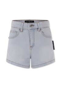 Shorts in denim blu chiaro con vita aderente, cinque tasche e chiusura con bottone argentato. Presentano orli cuciti e un'etichetta del marchio sul lato.