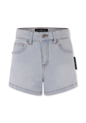 Shorts en denim bleu clair avec une taille ajustée, cinq poches et une fermeture à bouton argenté. Présente des ourlets cousus et une étiquette de marque sur le côté.