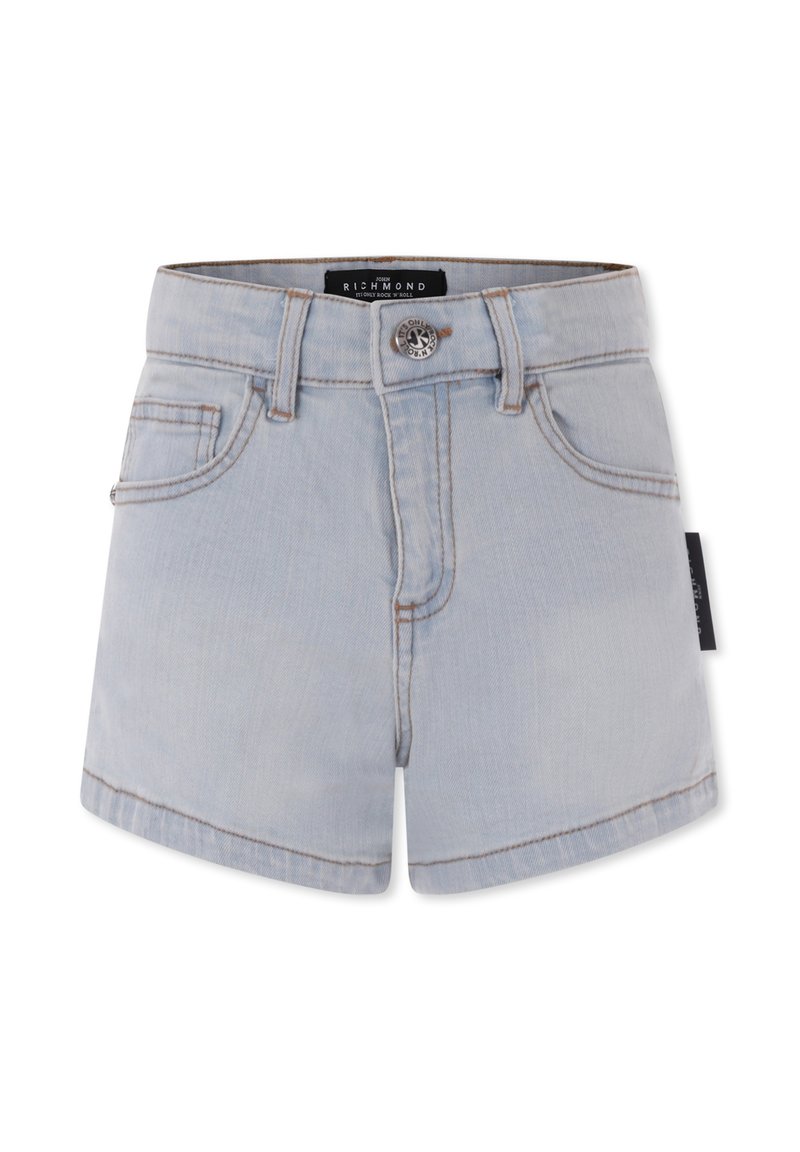 Shorts in denim blu chiaro con vita aderente, cinque tasche e chiusura con bottone argentato. Presentano orli cuciti e un'etichetta del marchio sul lato.