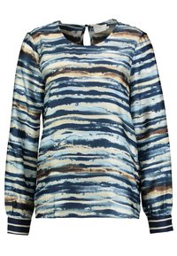 Långärmad blus med horisontella blå, beige och bruna ränder, med en mjuk textur och en nyckelhålsdetalj i ryggen.