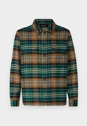 Geruite flanellen overhemd in groen, bruin en zwart met een knoopsluiting aan de voorkant, twee borstzakken en een klein geborduurd logo op de linker zak.