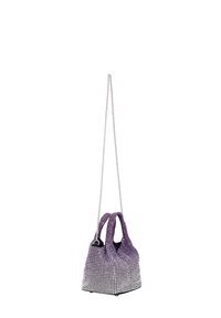 Beaded håndtaske med lilla gradient, sølv kædestrop, to håndtag og en struktureret form; har en glat tekstur og flere pyntedetaljer.