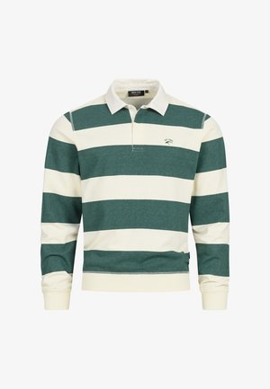 Camisa de polo de manga larga a rayas verdes y crema con cuello, que cuenta con un logo bordado en el lado izquierdo del pecho y puños acanalados.
