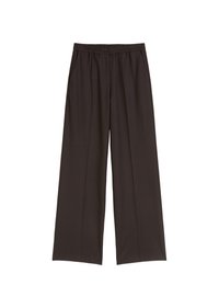 Zwarte wijde broek gemaakt van zacht materiaal, met een elastische tailleband met een knoop, zijzakken en een gladde textuur.