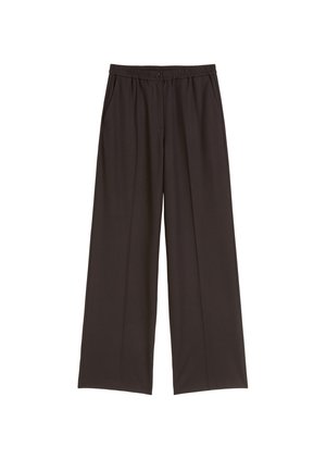 Pantalons larges noirs en tissu doux, dotés d'une taille élastique avec un bouton, de poches latérales et d'une texture lisse.