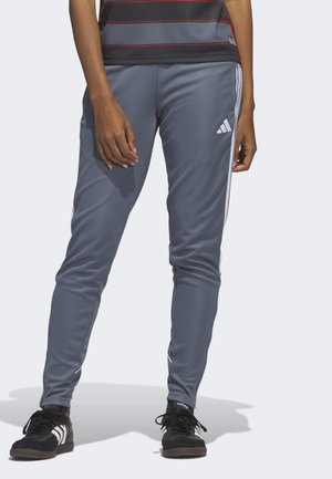 Pantaloni sportivi grigi con strisce laterali bianche, slim fit, realizzati in tessuto morbido, con un logo ricamato sulla coscia sinistra.