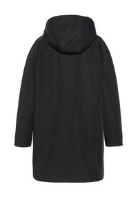Giacca nera con cappuccio dal fit rilassato, dotata di maniche lunghe, una texture liscia e un dettaglio in vita arricciato sul retro.