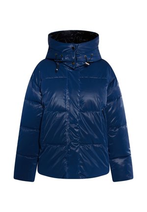 Jachetă puffer bleumarin cu un finisaj lucios, glugă supradimensionată și buzunare cu fermoar. Dispune de șnururi reglante și panouri cusute.