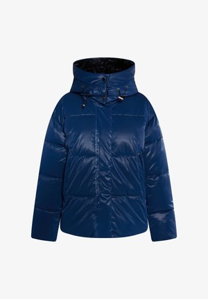 Jachetă puffer bleumarin cu un finisaj lucios, glugă supradimensionată și buzunare cu fermoar. Dispune de șnururi reglante și panouri cusute.