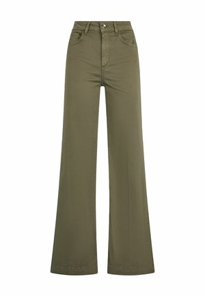 Pantalons large olive, taille haute, avec cinq poches et une fermeture à bouton robuste. Fabriqués en tissu mélangé coton doux et durable.
