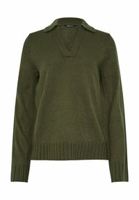 Olive'owy sweter z dekoltem w serek i kołnierzykiem, z teksturowanym splotem oraz ściągaczami na dole i przy rękawach. Standardowy krój dla wygody noszenia.