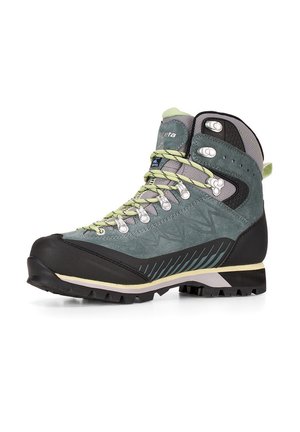 Scarponcino da trekking verde e nero con lacci giallo chiaro, occhielli metallici, colletto imbottito alla caviglia e suola robusta per uso esterno.
