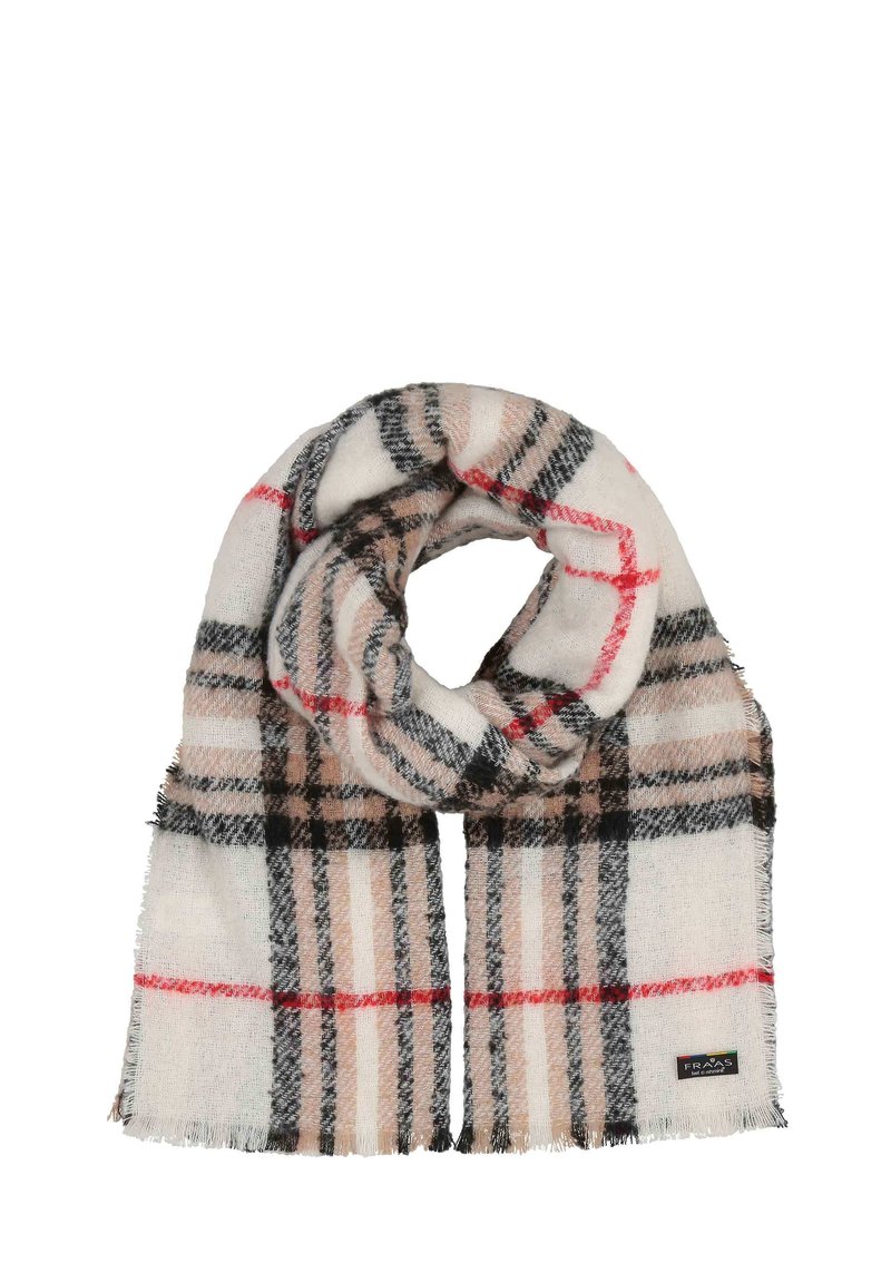 Wollen sjaal in crème, beige en zwart geruit patroon met rode accenten. Heeft franjen aan de randen en een merklabel.