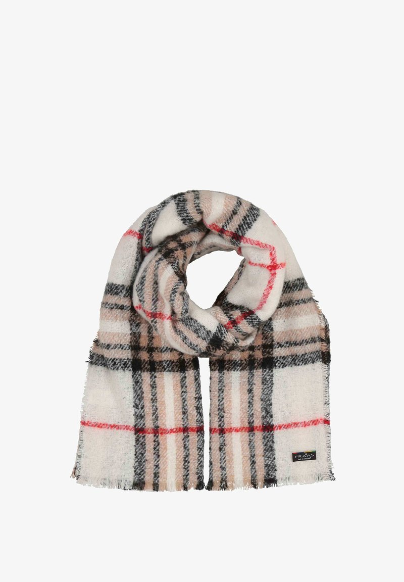 Écharpe en mélange de laine de couleur crème, beige et noir à motif carreaux avec des accents rouges. Présente des bords frangés et une étiquette de marque.